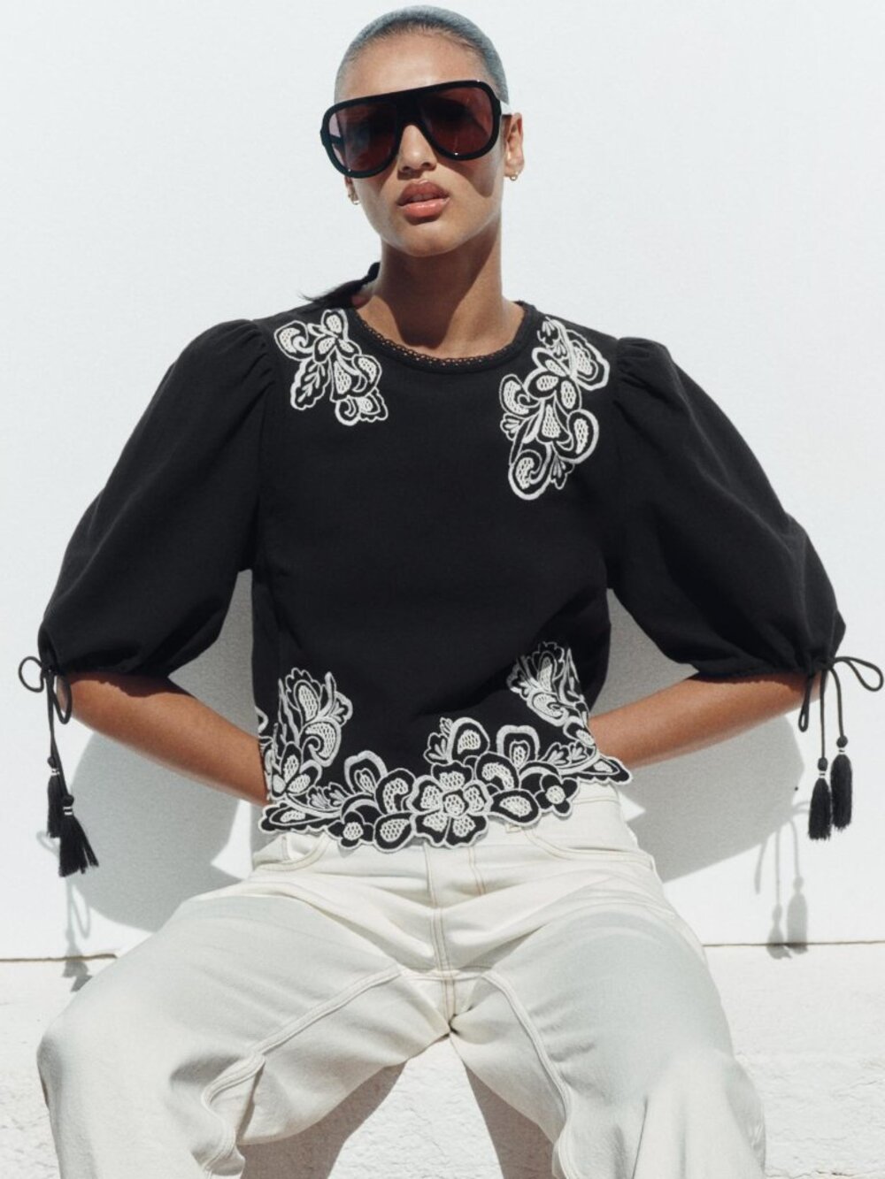 Zara Puff Sleeve Embordered Blouse